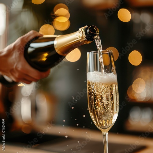 Hand pouring out sparkling wine from a bottle in a glass created with Generative AI