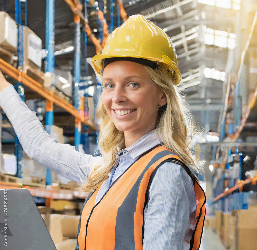 A n attractive caucasian female worker with blond hair is using a laptop computer to take inventory in a large factory warehouse. A n attractive caucasian female worker with blond hair is using a laptop computer to take inventory in a large factory warehouse.