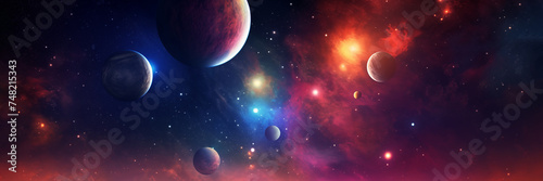 Cosmic planets against backdrop of vibrant nebula and sparkling stars background banner. Panoramic space web header. Wide screen wallpaper