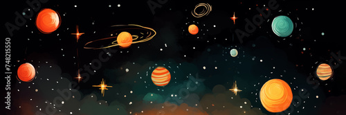 Planetary panorama. Variety of planets and stars, colorful space landscape background banner. Panoramic web header. Wide screen wallpaper