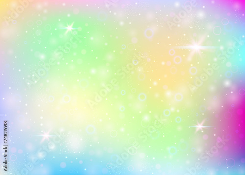Fairy background with rainbow mesh. Kawaii universe banner in princess colors. Fantasy gradient backdrop with hologram. Holographic fairy background with magic sparkles, stars and blurs.