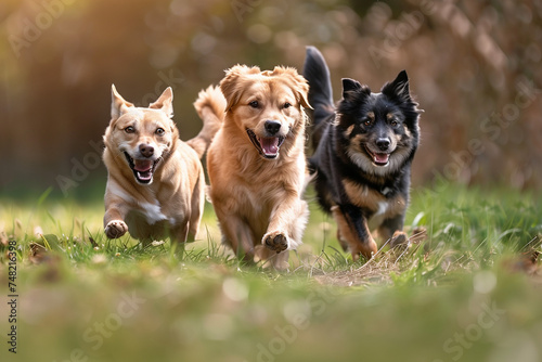 Dogs and Cats running in the park 