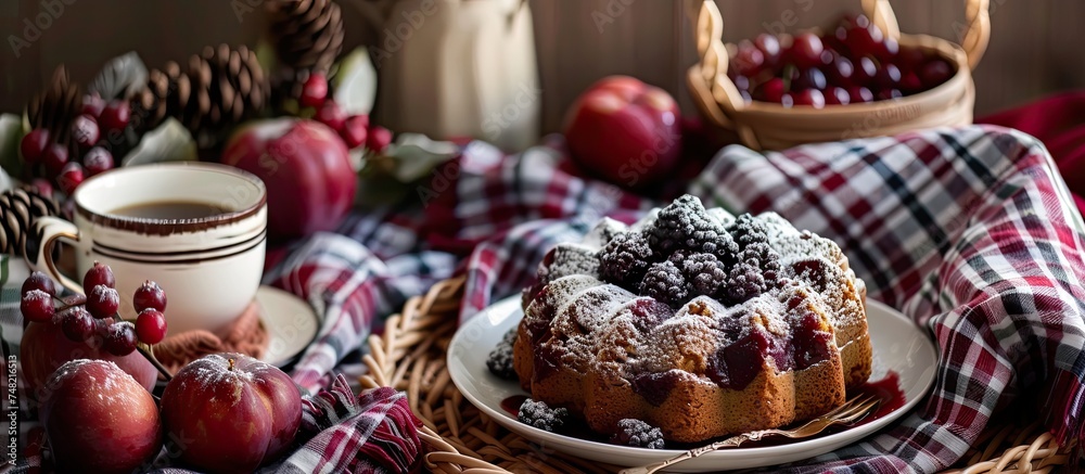 A table is set with a delicious plum cake covered in a generous dusting of powdered sugar, creating a cozy and inviting scene on a wicker tray. The plaid tablecloth adds to the warmth and comfort of