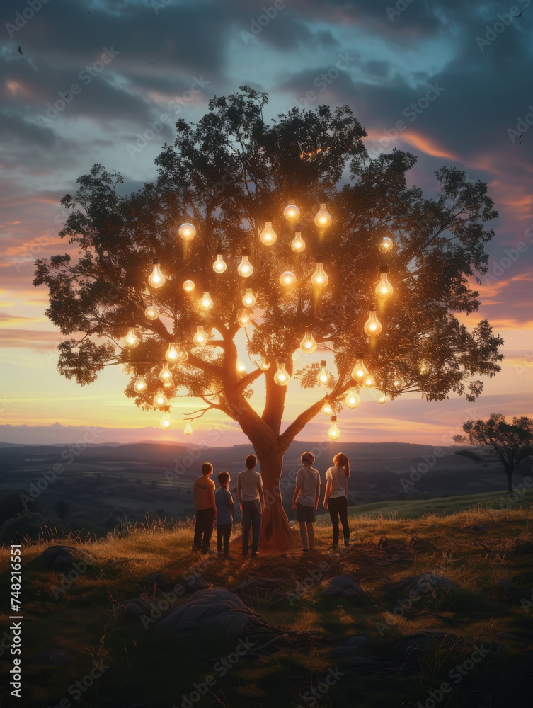 Luminous Harvest: Tree with Light Bulbs as Fruits at Sunset
