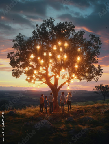 Luminous Harvest  Tree with Light Bulbs as Fruits at Sunset 