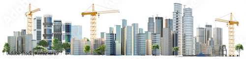 3D render of conceptual city skyline with construction cranes. Panoramic banner with transparent background. © karelnoppe