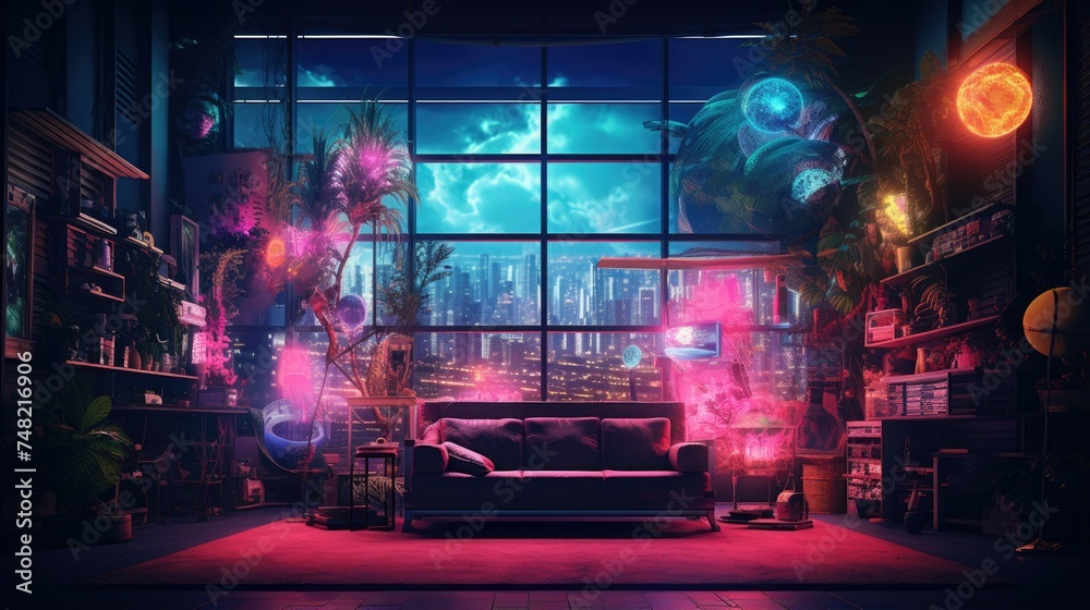 A cozy living room with a large window looking out onto a city at night. The room is decorated with plants, and neon lights.