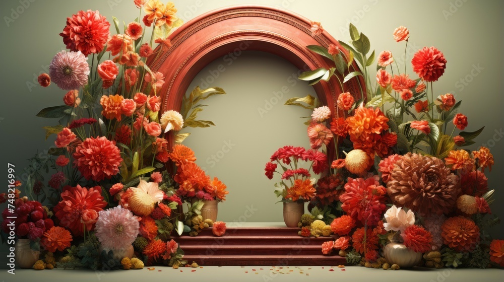 This is a beautiful image of a floral archway. The archway is made of red flowers and there are a variety of flowers on either side of it.