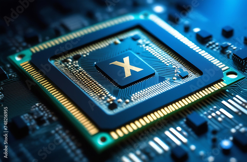 a close up of a computer chip with the letter x on it