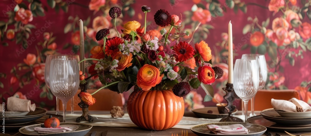 A wooden table is decorated with a vibrant autumn floral arrangement placed inside a hollowed-out pumpkin serving as a vase. The flowers bring a pop of color to the festive dining setup.