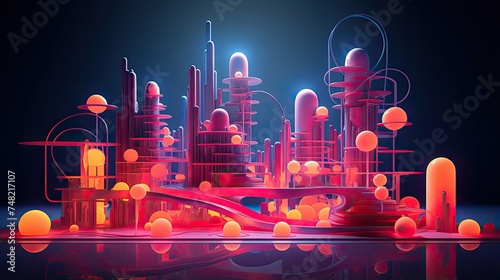 A 3D rendering of a futuristic city. The city is made up of tall  sleek buildings and structures  all rendered in a pink and blue color scheme.