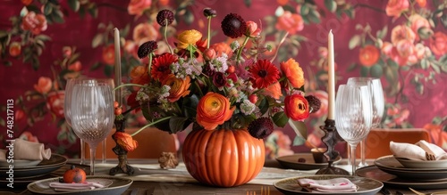 A wooden table is decorated with a vibrant autumn floral arrangement placed inside a hollowed-out pumpkin serving as a vase. The flowers bring a pop of color to the festive dining setup.