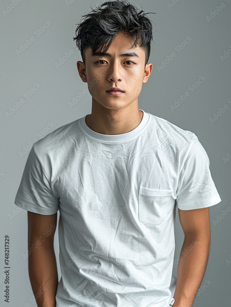 Mode-Marketing: Weiße T-Shirt-Werbung mit asiatischem Model Mode-Marketing: Weiße T-Shirt-Werbung mit asiatischem Model