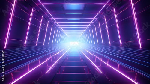 A 3D rendering of a futuristic tunnel with glowing neon lights. The tunnel is dark and mysterious, with the only light coming from the neon lights.