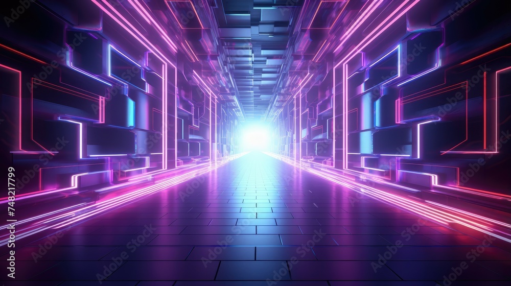 Glowing purple and blue neon lights illuminate a futuristic tunnel. The light reflects off the shiny floor, creating a vibrant and dynamic scene.