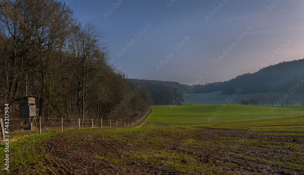 Februar, Waldrand Weg, mit Blick über Felder am Morgen