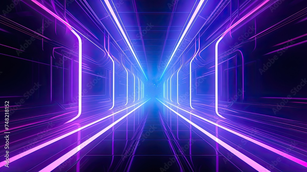 A 3D rendering of a futuristic tunnel with glowing purple and blue neon lights. The tunnel is dark and mysterious, with a bright light at the end.