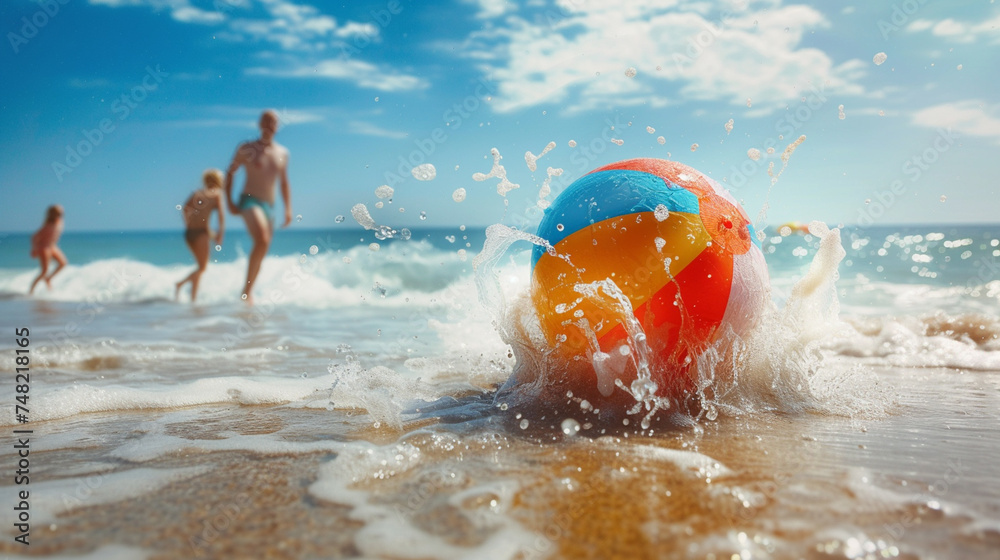 A brightly colored beach ball being tossed among friends on a sandy beach, with the ocean waves providing a rhythmic backdrop