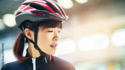 Stylish Asian woman with a track cycling helmet and matching kit standing still in front of a contemporary and defocused sports backdrop. photo