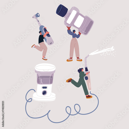 Vector illustration of Dental care, people with electric brush for teeth. Oral hygiene routine, toothbrush for health and wellness mouth, mouthwash rinsing, irrigator