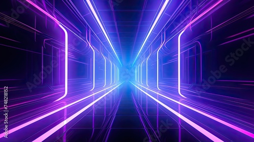 A 3D rendering of a futuristic tunnel with glowing purple and blue neon lights. The tunnel is dark and mysterious  with a bright light at the end.