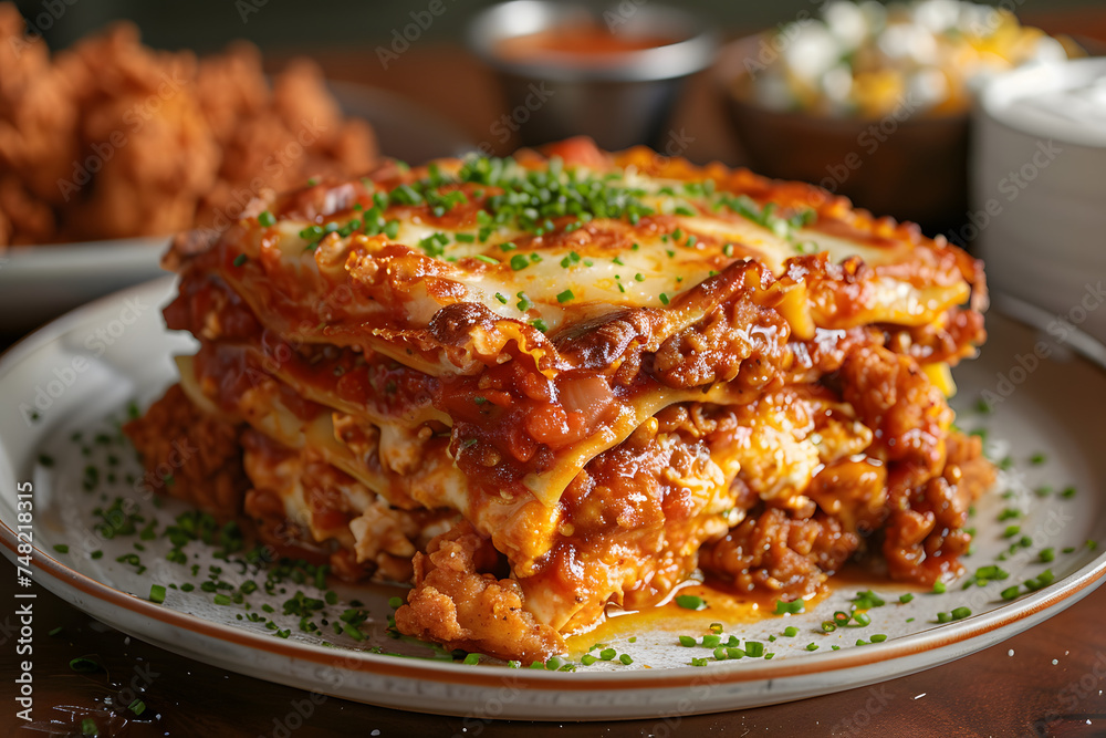 fried chicken lasagna on a plate surrounded by more fried chicken