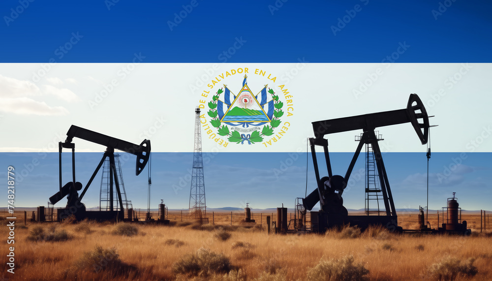 El Salvador oil industry .Crude oil and petroleum concept. El Salvador flag background El Salvador oil industry .Crude oil and petroleum concept. El Salvador flag background