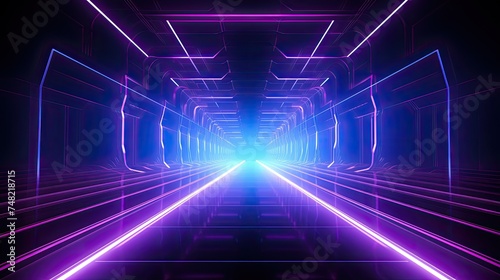 A glowing blue and purple tunnel with a bright light at the end. The tunnel is made of neon lights and has a futuristic feel.