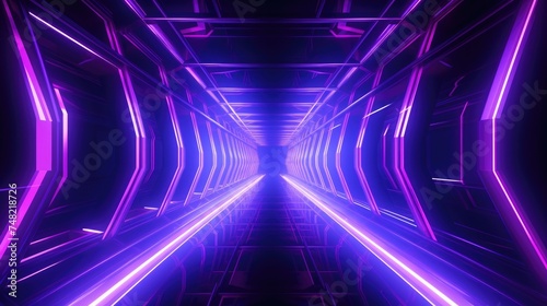 Glowing purple neon lights in a dark futuristic tunnel.