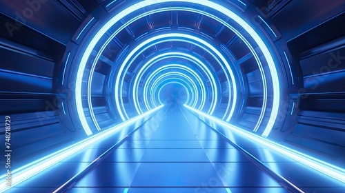 3D rendering of a futuristic tunnel with blue glowing lights. The tunnel is made of metal and has a circular shape.