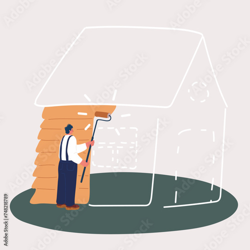 Vector illustration of man painting his house. He recreates his home