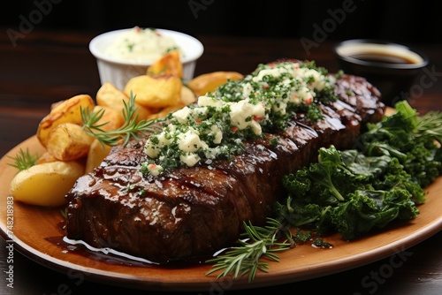 Juicy piece of meat with vegetables and sauces on a wooden board. Baked potatoes with beef steak.