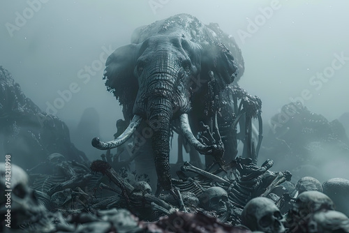  Look up, A ferocious and strong elephant stands on a pile of skeletons