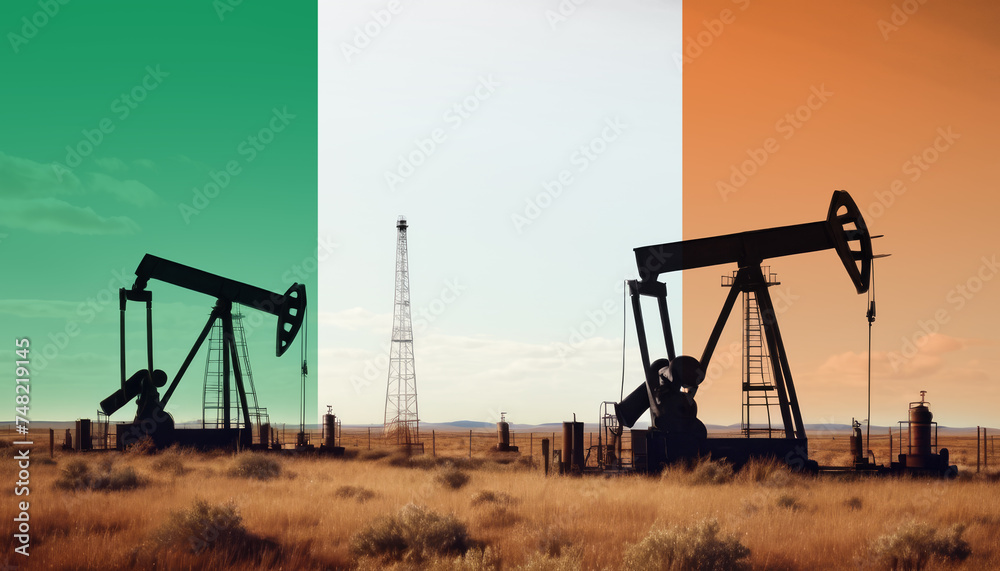 Irish oil industry .Crude oil and petroleum concept. Irish flag background