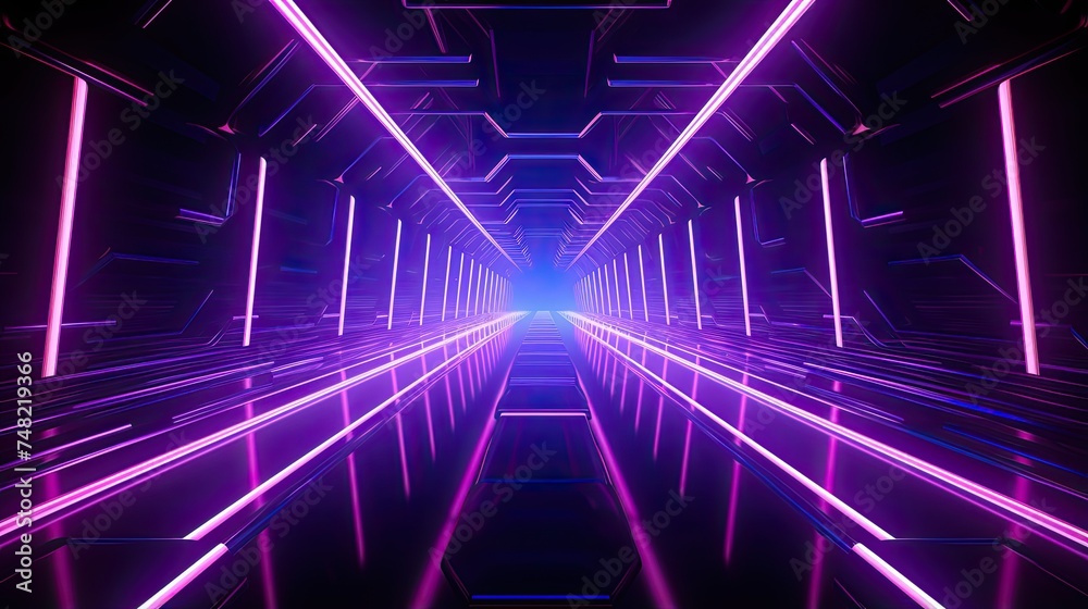 A dark and mysterious tunnel with glowing purple neon lights.