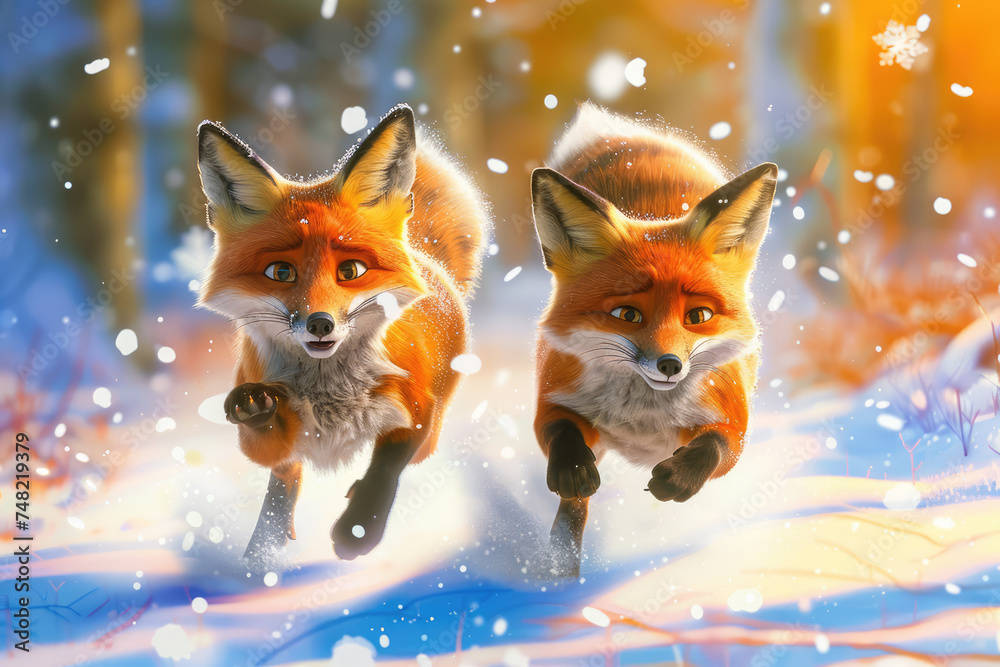 wo super cute red foxes running in the snow