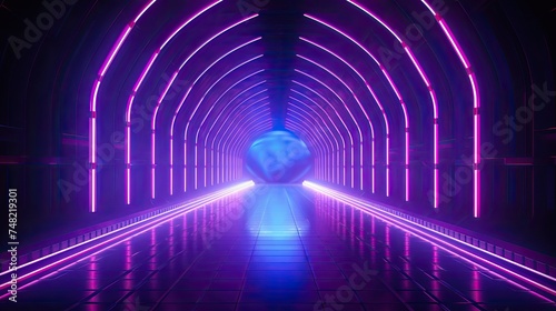 3D rendering of a long futuristic tunnel with glowing purple neon lights.