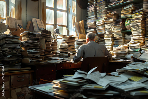  Person at desk in the office with huge stacks of paperwork