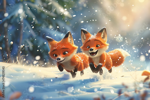 wo super cute red foxes running in the snow © Kitta