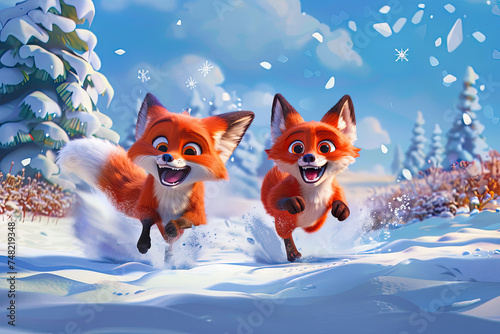 wo super cute red foxes running in the snow