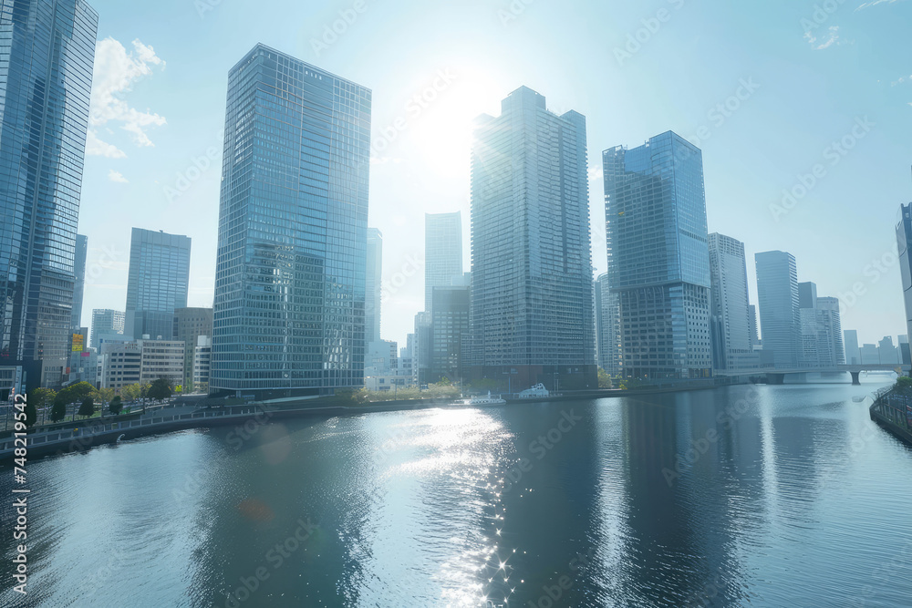 Fototapeta premium A photo of the office city at daytime on the opposite shore of the middle view