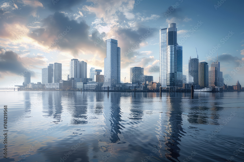 Fototapeta premium A photo of the office city at daytime on the opposite shore of the middle view