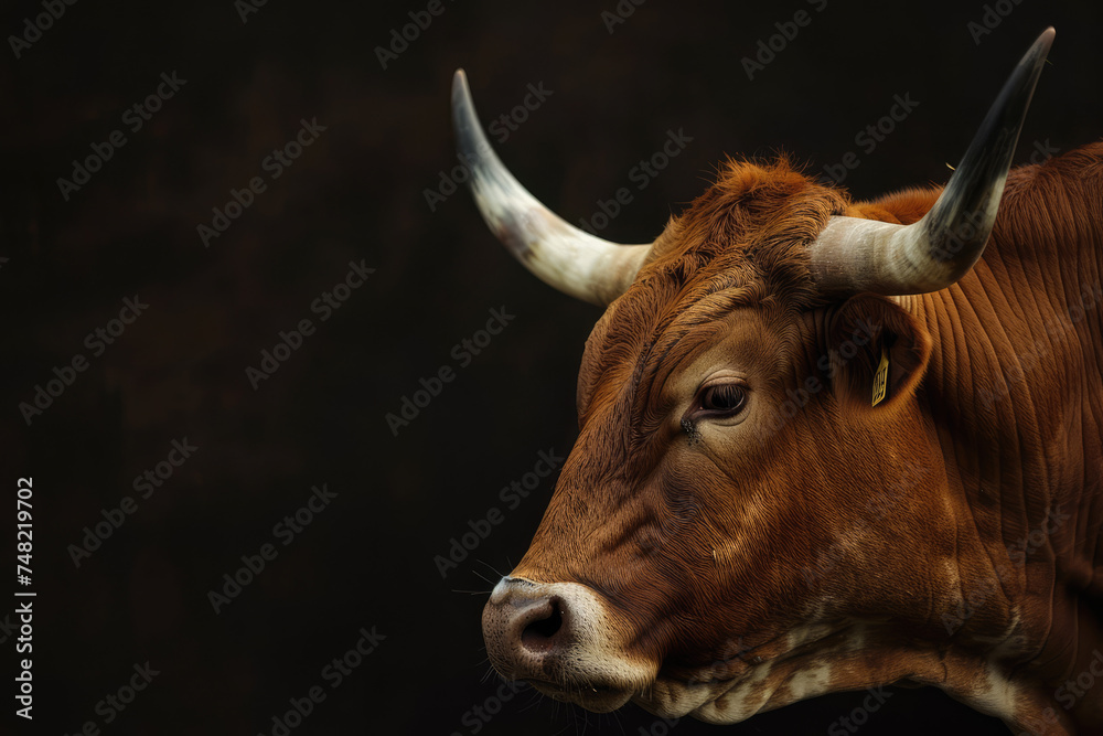bull in profile with horns and a black background
bull in profile with horns and a black background