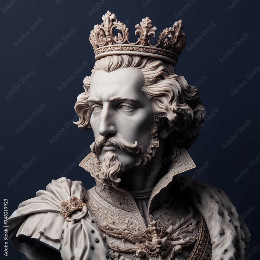 A statue of a man with a crown on his head, baroque vaporwave statue, majesty in noble clothes