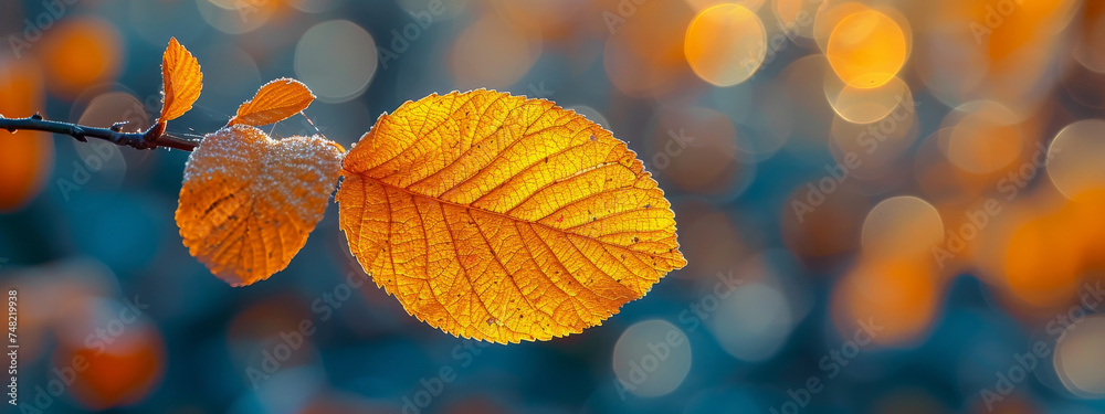 Sunlit Autumn Yellow Leaf in Close Detail
