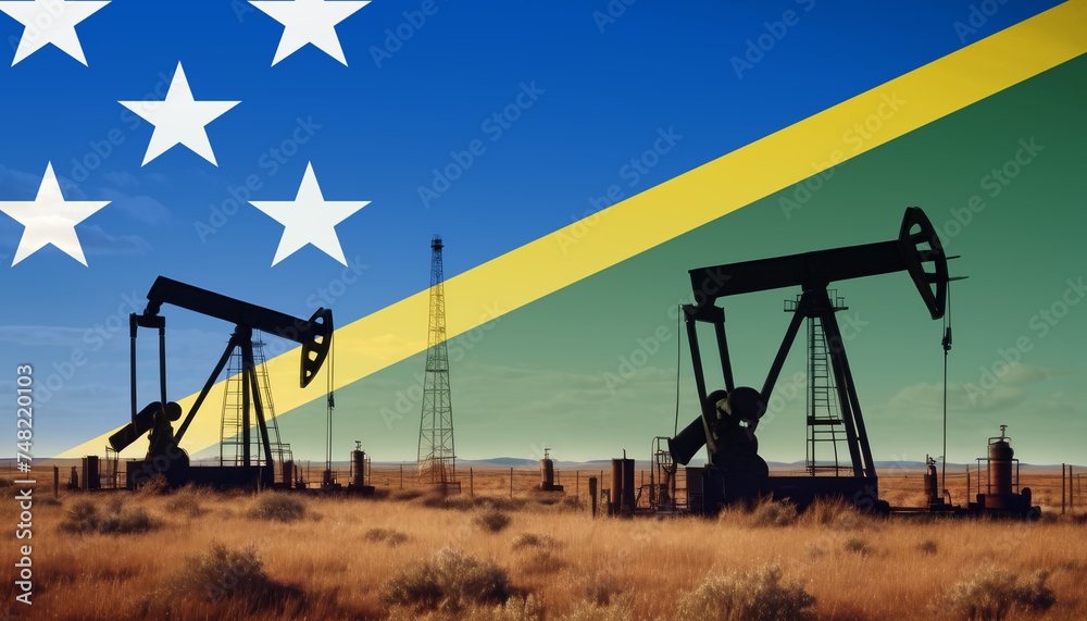 Solomon Islands oil industry .Crude oil and petroleum concept. Solomon Islands flag background