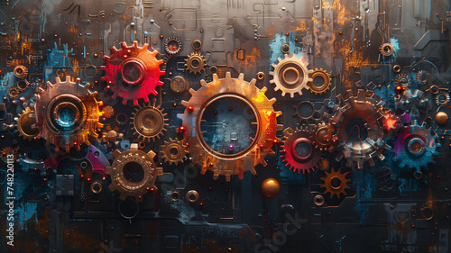 mosaic of gears, each painted in bright, distinct colors