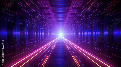 A 3D rendering of a dark tunnel with glowing pink and blue neon lights.