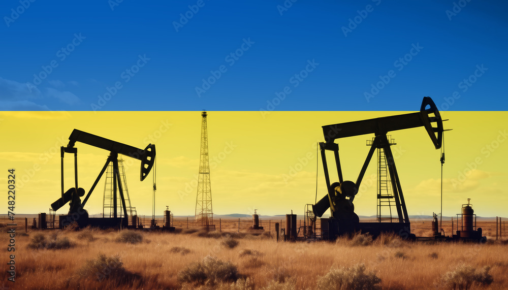 Ukraine oil industry .Crude oil and petroleum concept. Ukraine flag background