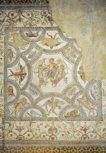 Mosaicos romanos del Museo Histórico Municipal de Écija, provincia de Sevilla, Andalucía, España. Mosaico de las Cuatro Estaciones y Apoteosis del dios Annus.  photo